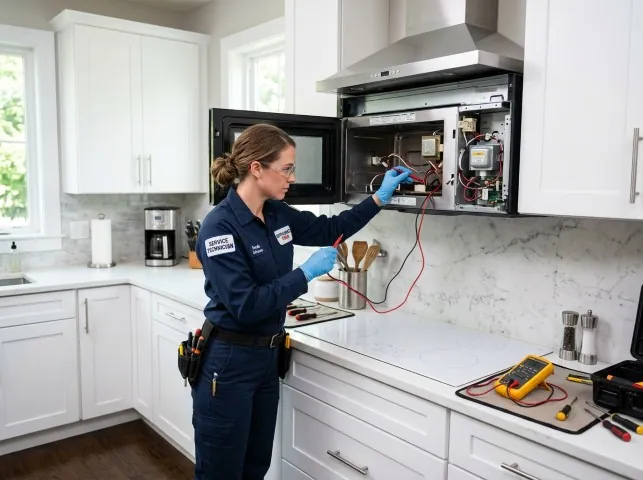 Appliance Repair Hero technician testing an over-the-range microwave in a Belle Chasse, LA kitchen